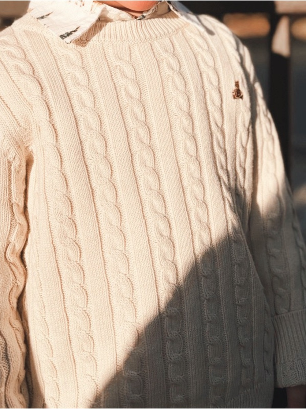 Cream Cable Knit Sweater with Small Embroidered Logo